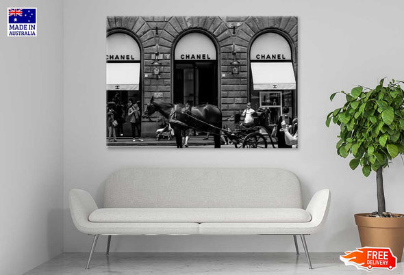 Fashion Store Front With Horse B&W Print 100% Australian Made Stretched Canvas Ready to Hang - FS - 165