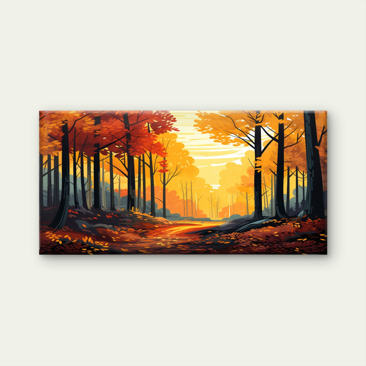 Golden Autumn Forest Sunlit Woodland Path Wall Art Canvas Office Home Framed 120x60cm