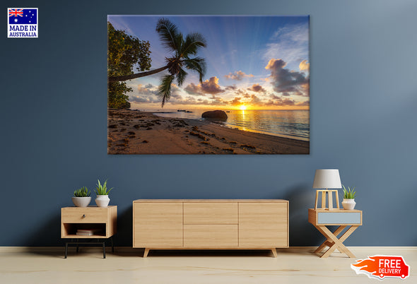 Paradise Beach With Palms & Sunrise Print 100% Australian Made Stretched Canvas Ready to Hang - BC-106