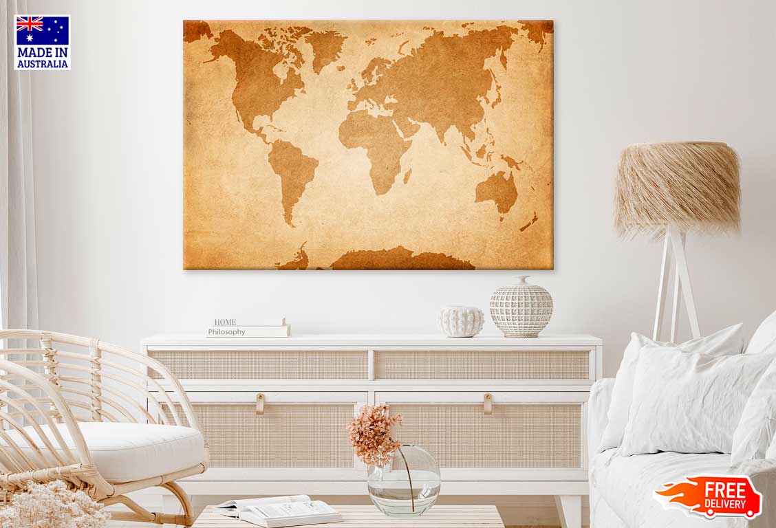 World Map On Old Grunge Paper Print 100% Australian Made Stretched Canvas Ready to Hang  - MP-106