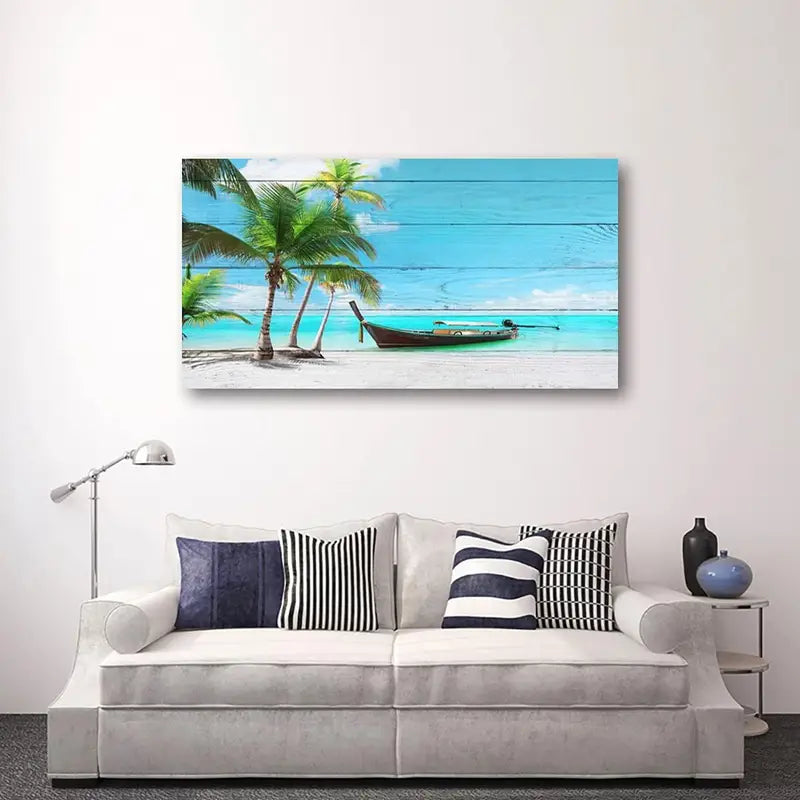 Vibrant Seascape Tropical Coconut Tree Ocean Wall Art canvas office home room framed 120x60cm