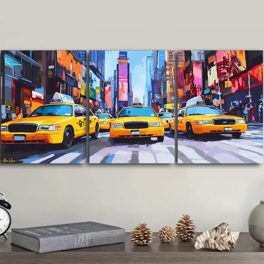 3pcs Urban Cabs in Cityscape Metal Print Ready to Hang Art