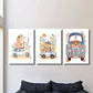 3pcs Vintage Hedgehog Animals and Flowers Classic Design Metal Print Ready to Hang Art