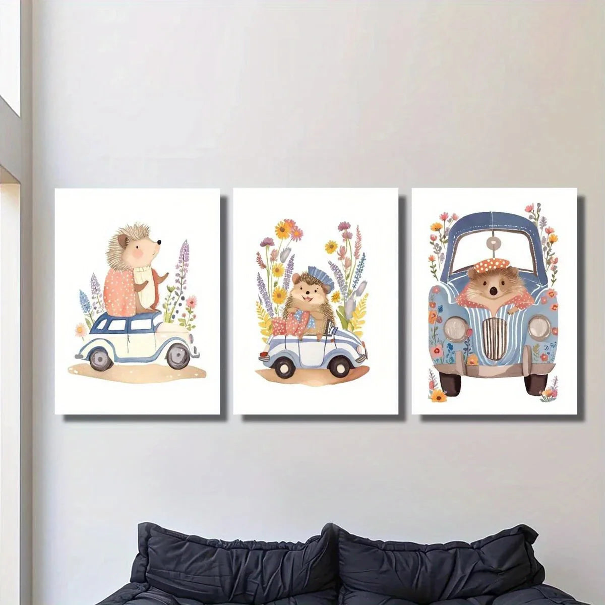 3pcs Vintage Hedgehog Animals and Flowers Classic Design Metal Print Ready to Hang Art