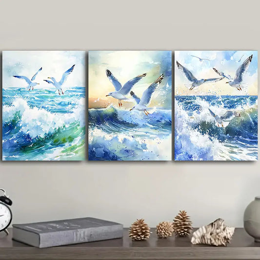 3pcs Seagulls fly over the waves Metal Print Ready to Hang Art