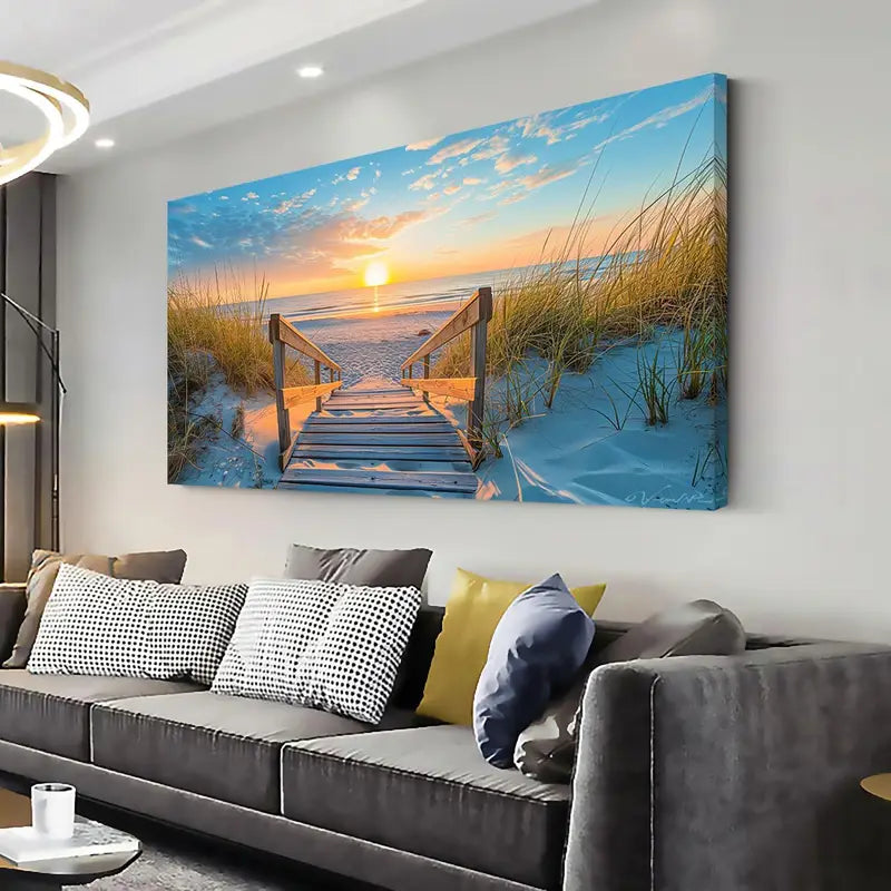 Seaside Sunset Beach Pier Vibrant Coastal Wall Art canvas office home room framed 120x60cm