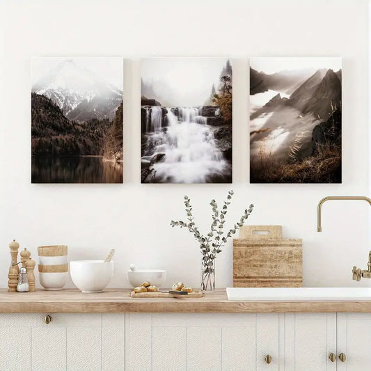 3pcs Multnomah Waterfalls Nature, Serene Mountain & Forest Metal Print Ready to Hang Art