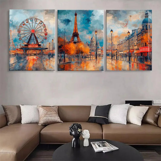 3pcs Vibrant Eiffel Tower, Ferris Wheel and French Streets Metal Print Ready to Hang Art