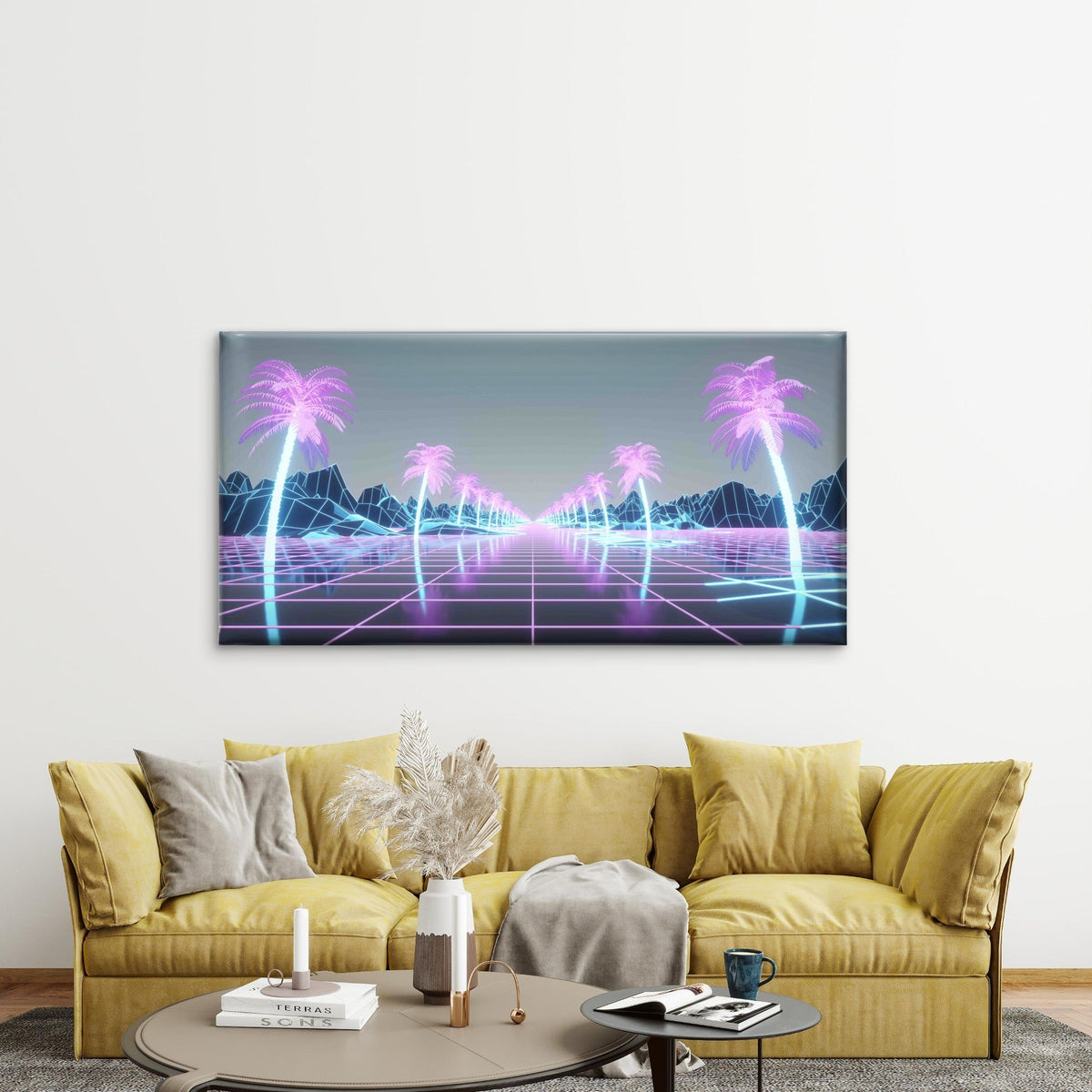 Futuristic Synthwave Background Wall Art Canvas Office Home Room Framed 80x45cm