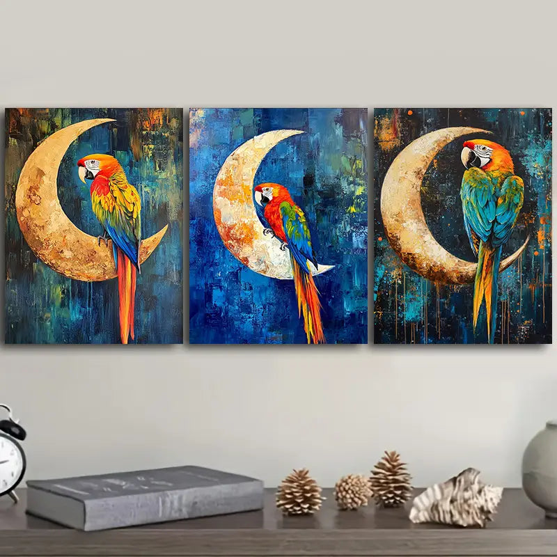3pcs Art Painting Parrots Perch on the Edge Metal Print Ready to Hang Art