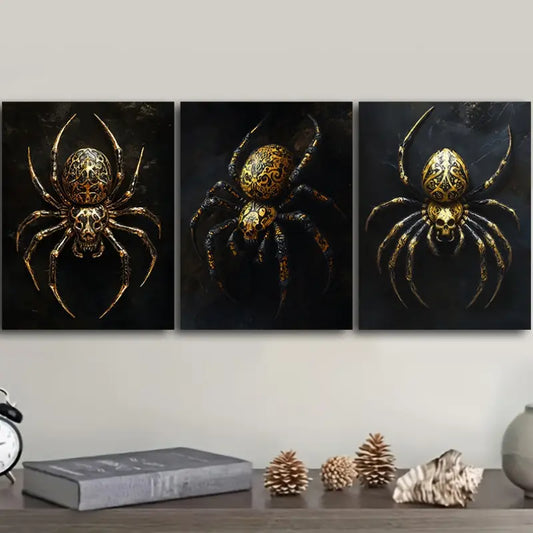 3pcs Golden and Black Spider Design Metal Print Ready to Hang Art