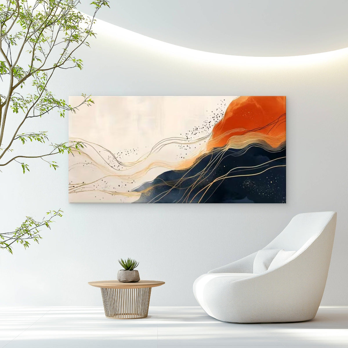 Golden Accents & Orange Clouds Wall Art Canvas Office Home Room Framed 120x60cm