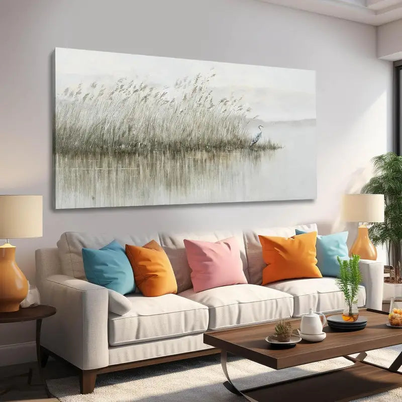 Vintage Reed & Egret Serene Nature Wall Art canvas office home room framed 120x60cm