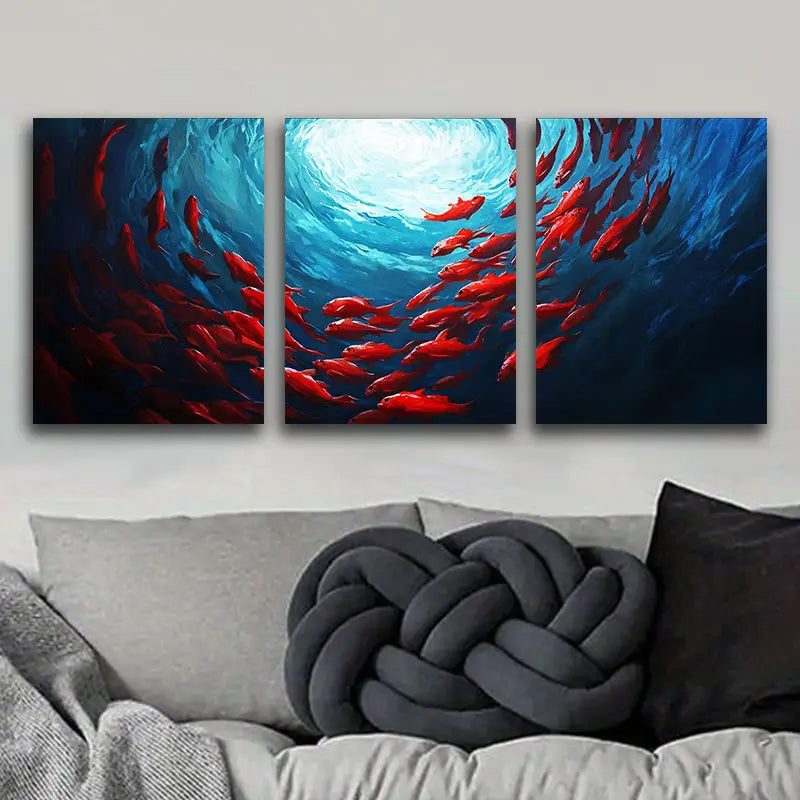 3pcs Red Fish Spiraling in the Sea Metal Print Ready to Hang Art