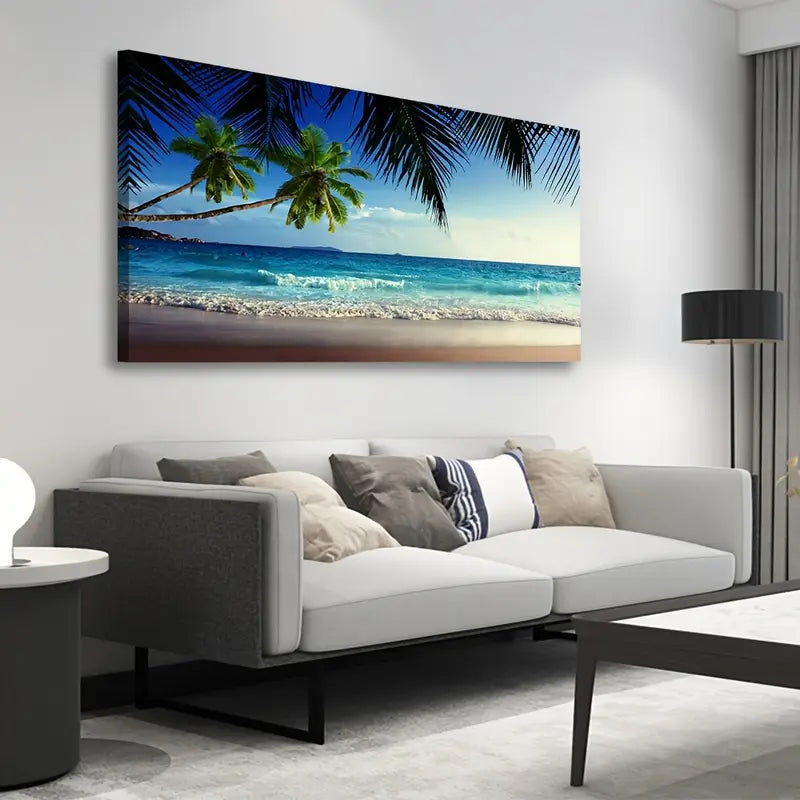 Beach Waves Palm Tree Nature Wall Art canvas office home room framed 120x60cm