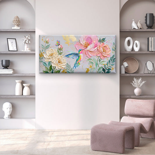 Hummingbird Pink Rose Floral Paint Wall Art Canvas Office Home Framed 80x45cm