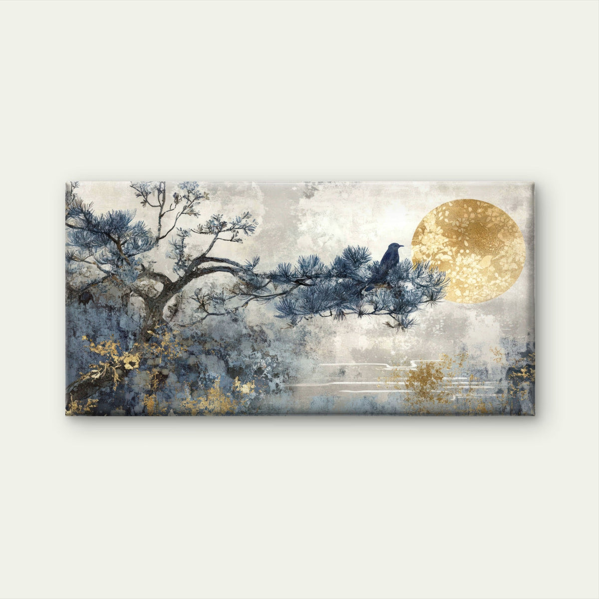 Bird Pine Moon Branch Wall Art Canvas Office Home Room Framed 80x45cm