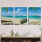 3pcs Tropical Seascape with Sand and Weathered Boat Metal Print Ready to Hang Art