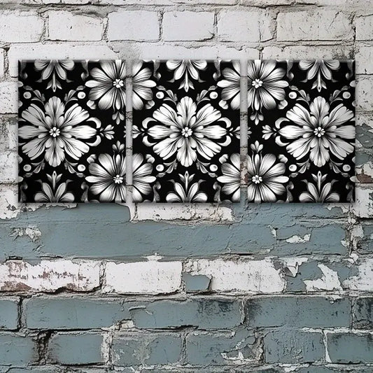 3pcs Dreamy Floral Pattern Design Black & White Metal Print Ready to Hang Art