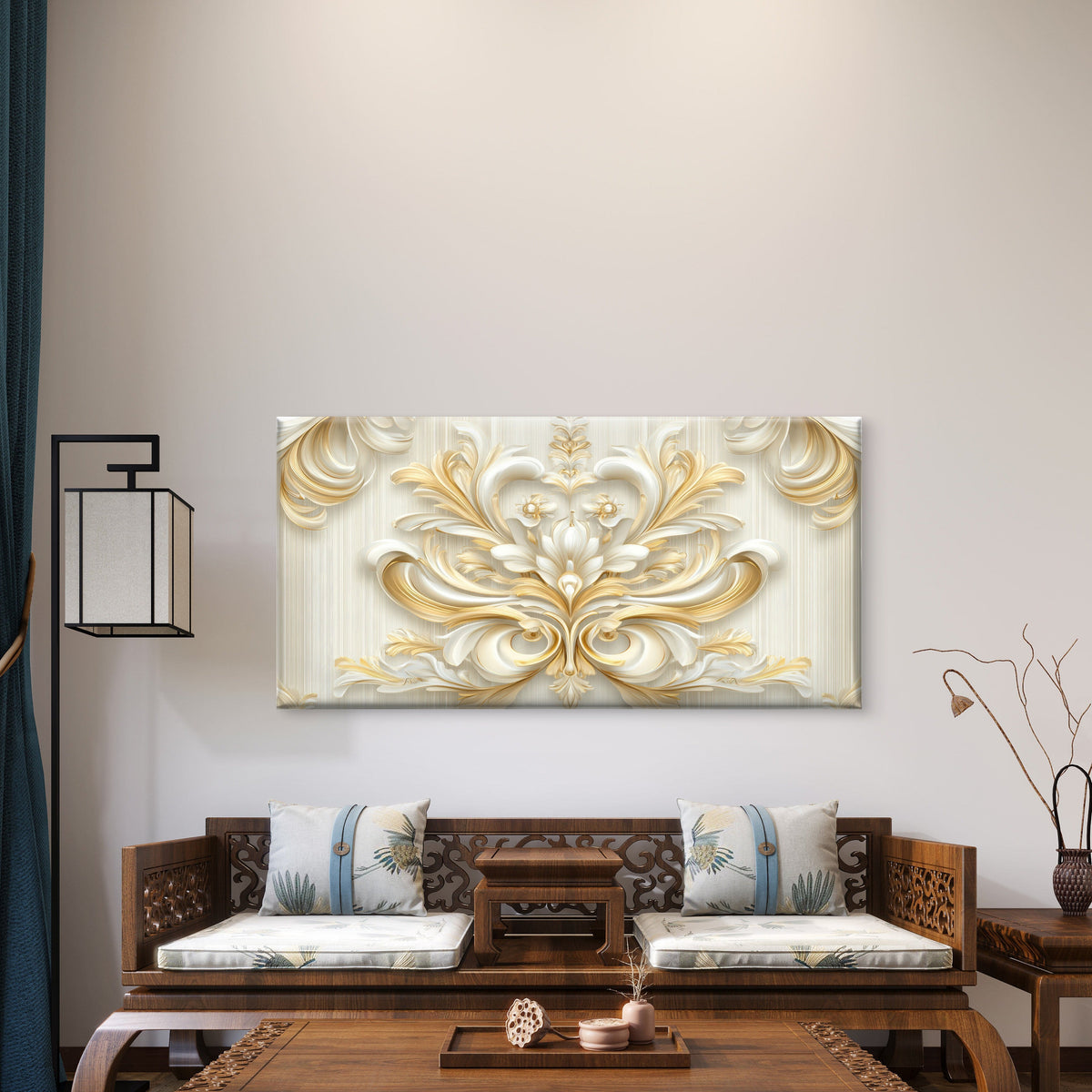White Gold Baroque Damask Art Wall Art Canvas Office Home Room Framed 120x60cm