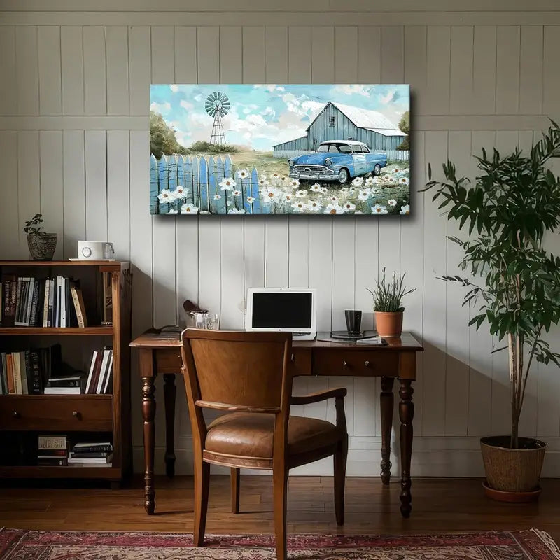 Rustic Farmhouse Blue Classic Car & Barn Wall Art canvas office home room framed 120x60cm
