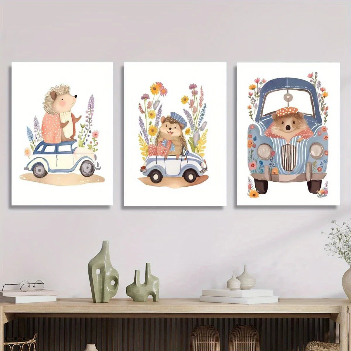 3pcs Vintage Hedgehog Animals and Flowers Classic Design Metal Print Ready to Hang Art