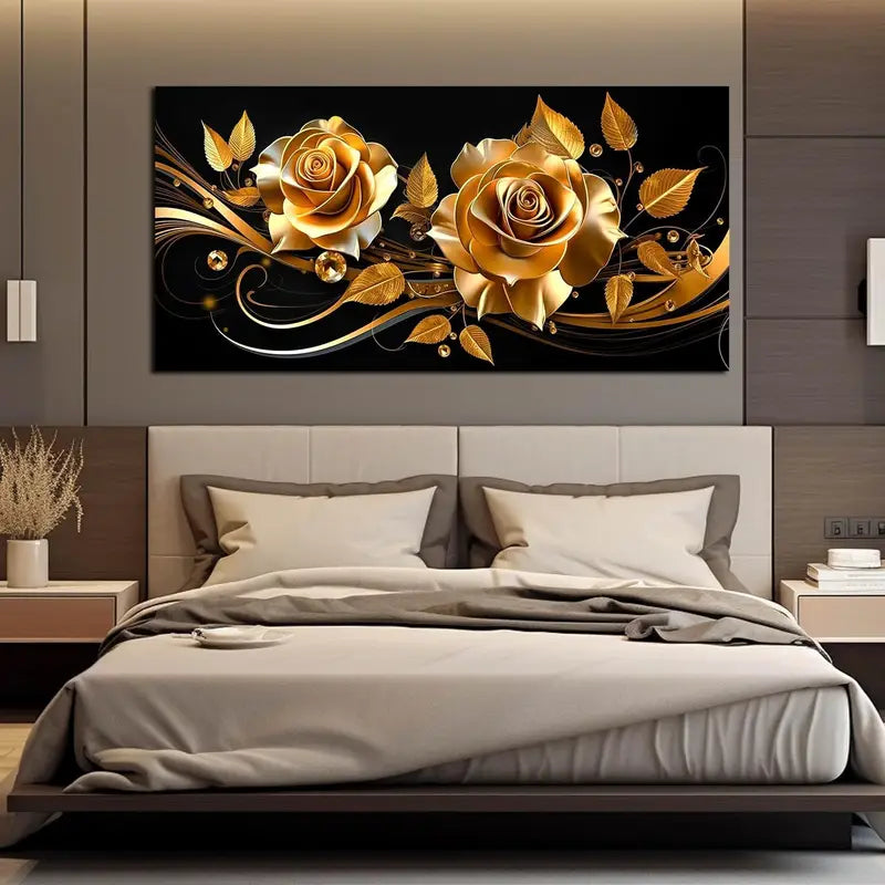 Golden Rose Elegant Floral Black Wall Art canvas office home room framed 120x60cm