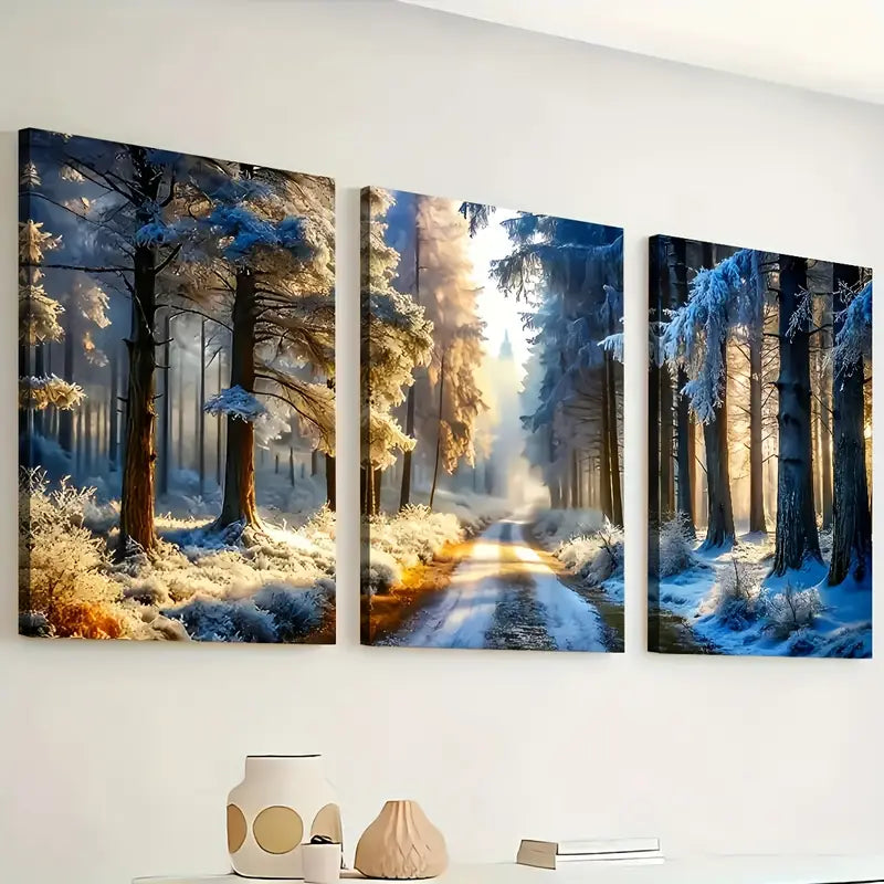 3pcs Modern Winter Snow Forest Art Wall Art Set Canvas Framed 40x60cm - High Quality Print 100% Australian Made Wall Canvas Ready to Hang