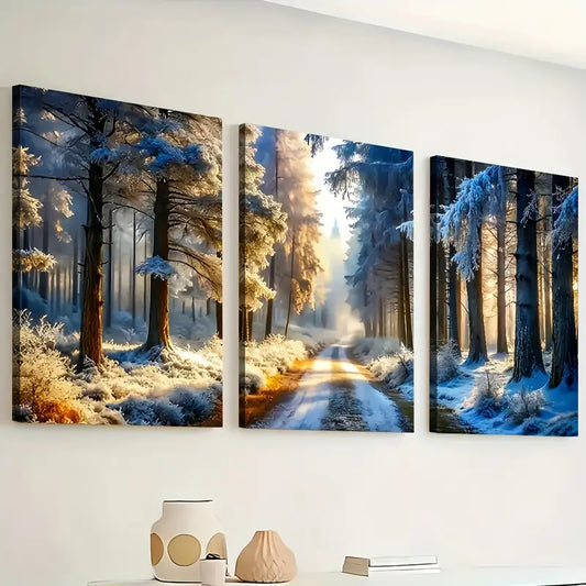 3pcs Modern Winter Snow Forest Art Wall Art Set Canvas Framed 40x60cm - High Quality Print 100% Australian Made Wall Canvas Ready to Hang