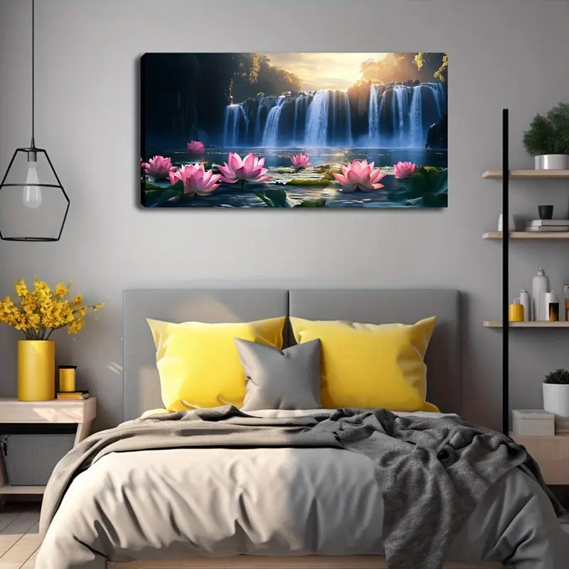 Serene Waterfall Blooming Flowers Wall Art Canvas Office Home Room Framed 120x60cm