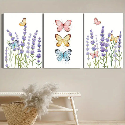 3pcs Lavender Flowers with Colorful Butterflies Metal Print Ready to Hang Art