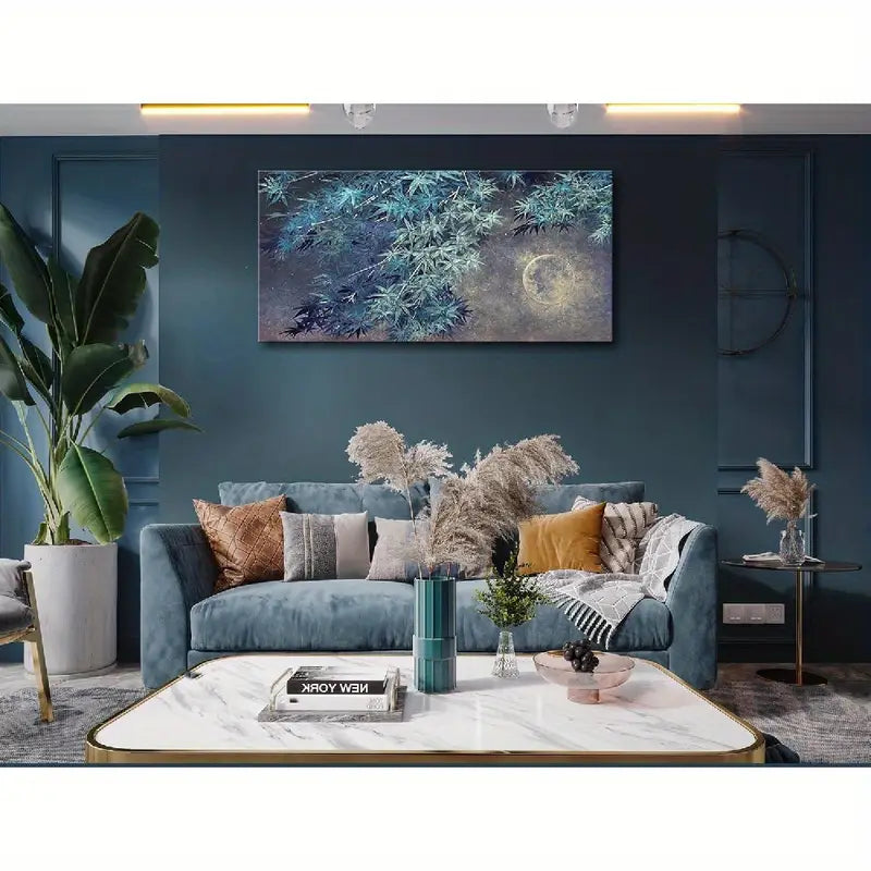 Night Sky Blue Trees & Moon Wall Art canvas office home room framed 120x60cm