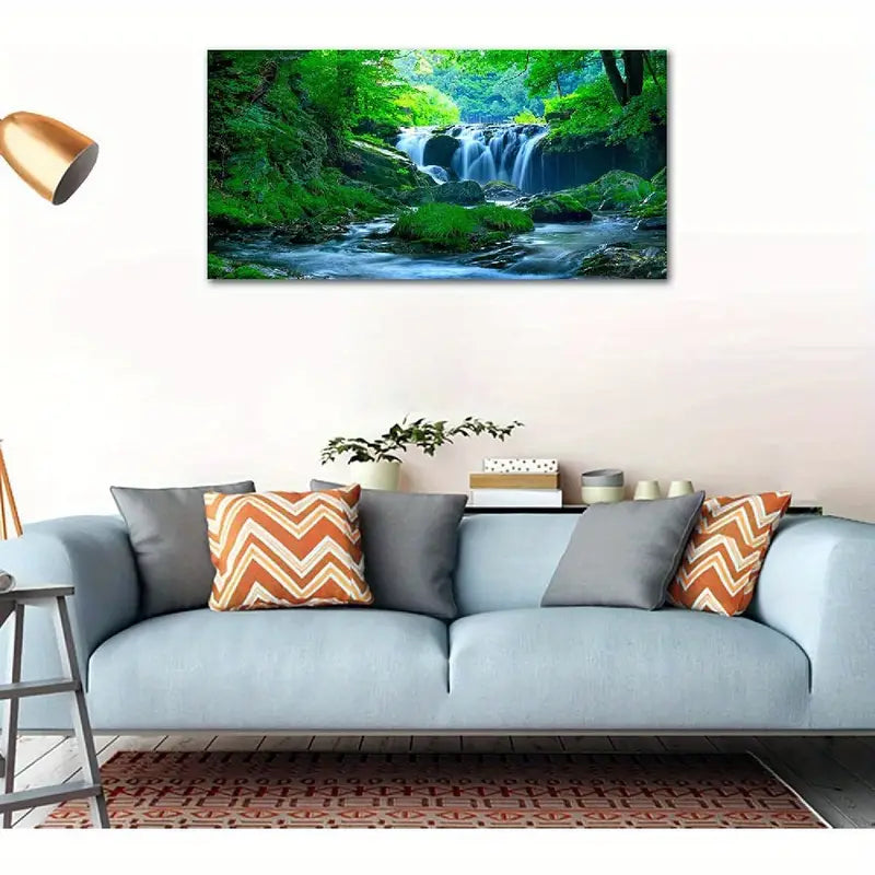 Green Forest Waterfall Nature Wall Art canvas office home room framed 120x60cm