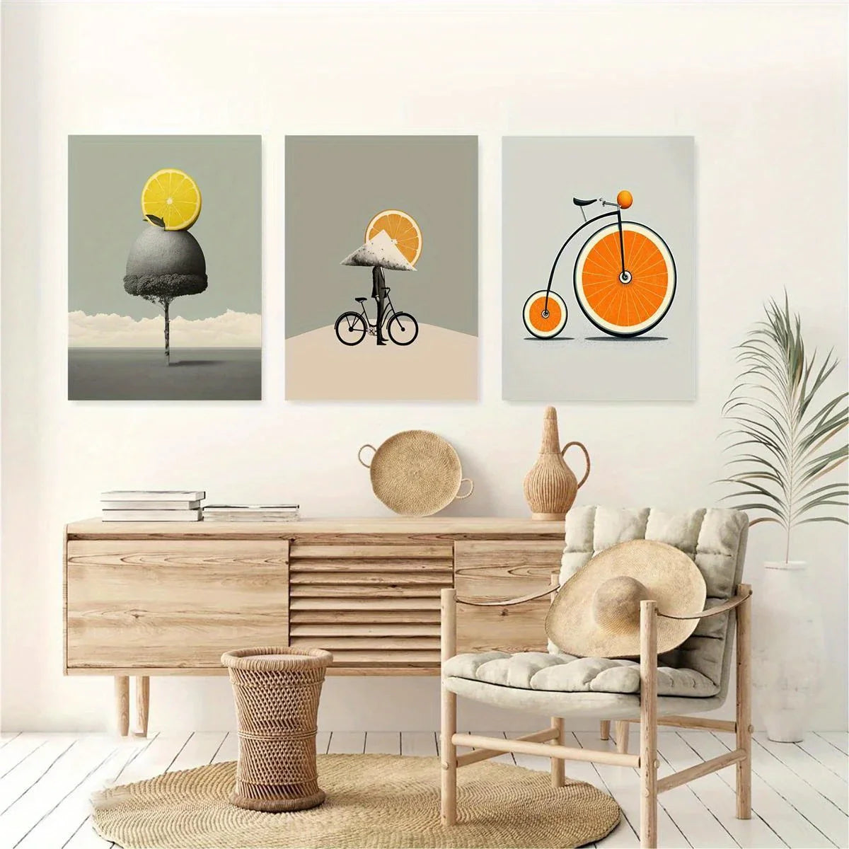 3pcs Surreal Orange Lemon & Bicycle Classic Design Metal Print Ready to Hang Art