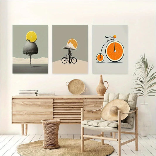 3pcs Surreal Orange Lemon & Bicycle Classic Design Metal Print Ready to Hang Art