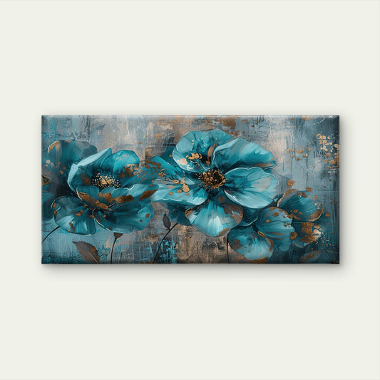 Teal Blue Gold Floral Abstract Wall Art Canvas Office Home Room Framed 80x45cm