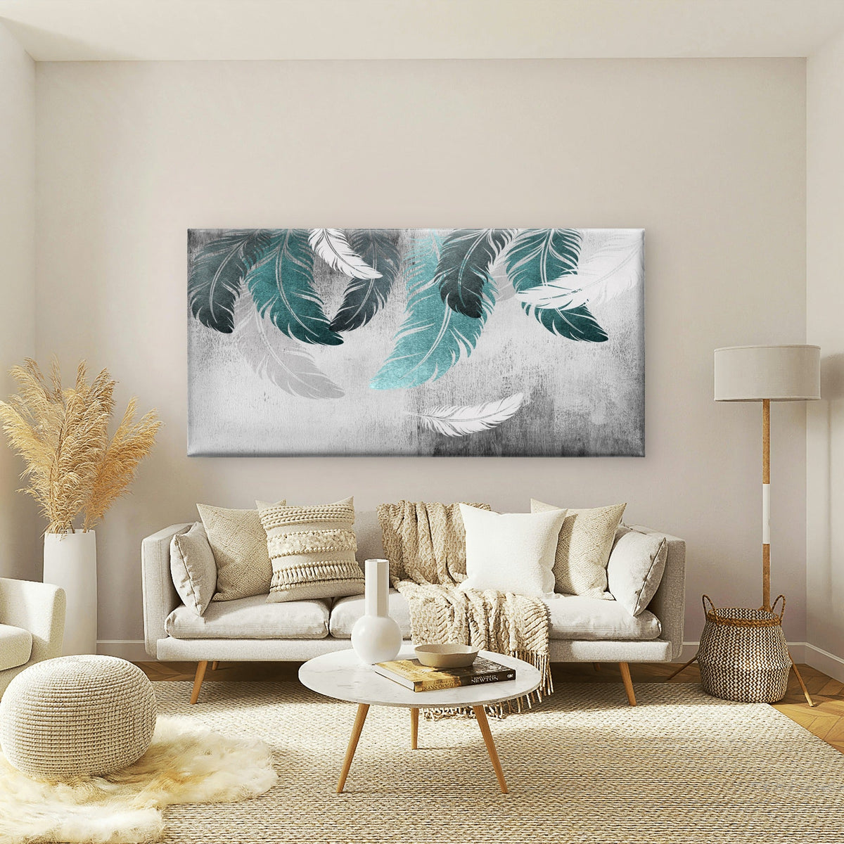 Abstract Teal Feathers Motif Wall Art Canvas Office Home Room Framed 120x60cm