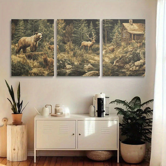 3pcs Rustic Wildlife Deer & Bears with an Old Cabin Metal Print Ready to Hang Art