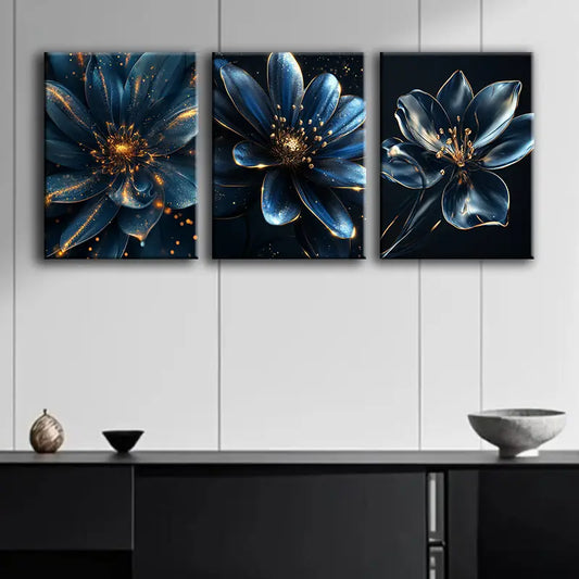 3pcs Blue and gold flower Metal Print Ready to Hang Art