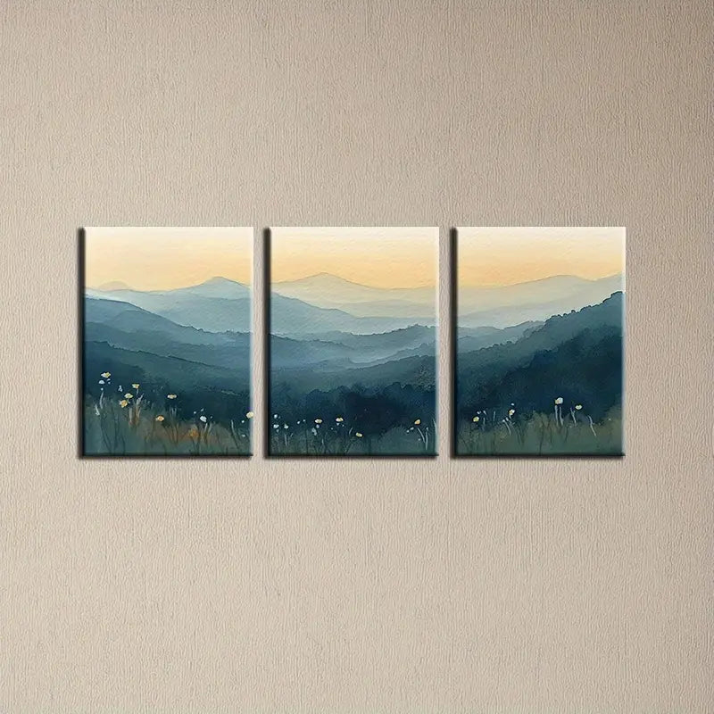 3pcs Vibrant Mountain Sunset Scenery with Wildflowers Metal Print Ready to Hang Art