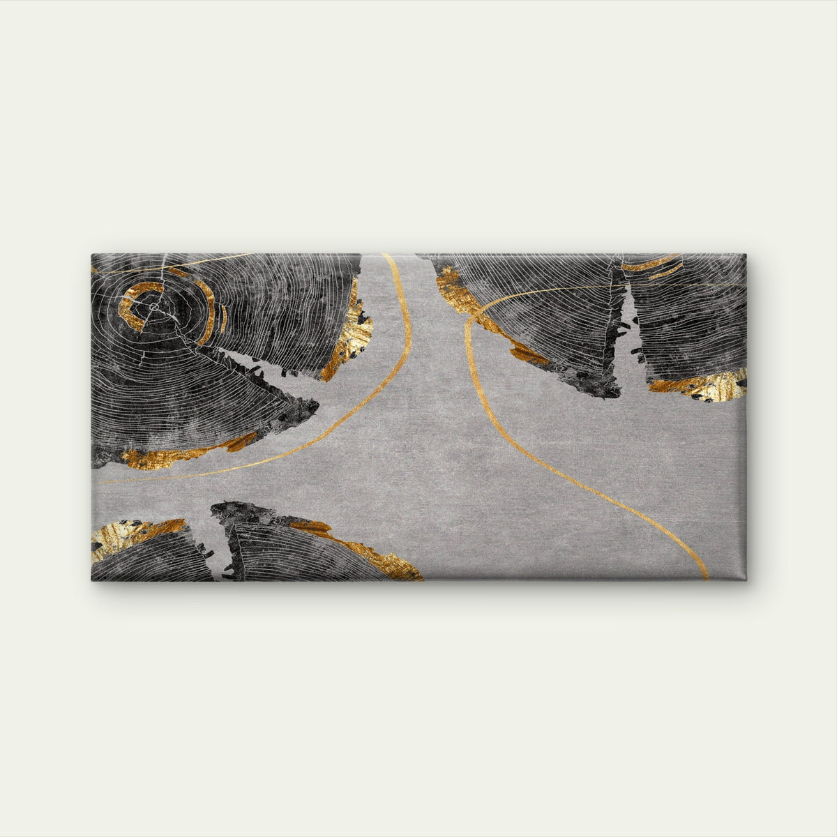 Abstract Grey And Gold Tree Rings Wood Grain Wall Art Canvas Office Home Room Framed 80x45cm