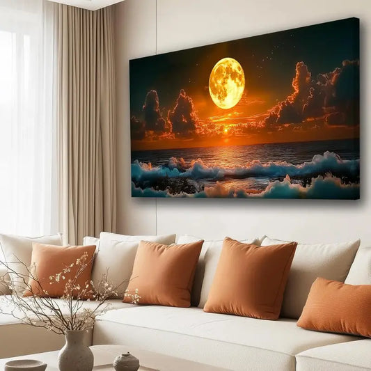 odern Red Oil Painting Seascape Full Moon & Waves Wall Art canvas office home room framed 120x60cm