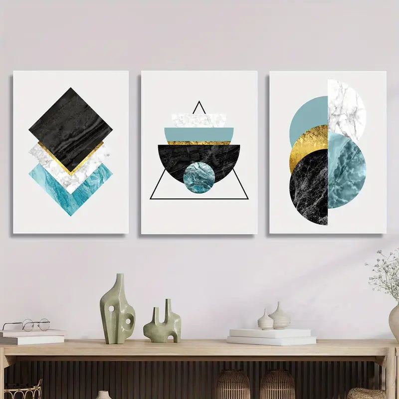 3pcs Geometric Mosaic Marble Texture Painting Metal Print Ready to Hang Art
