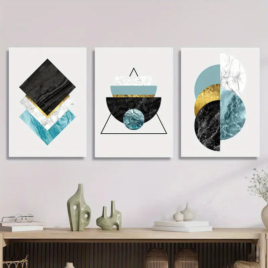 3pcs Geometric Mosaic Marble Texture Painting Metal Print Ready to Hang Art