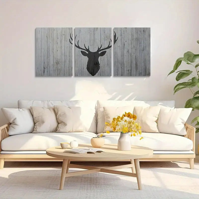 3pcs Black Deer Head Classic Design on Wood Metal Print Ready to Hang Art