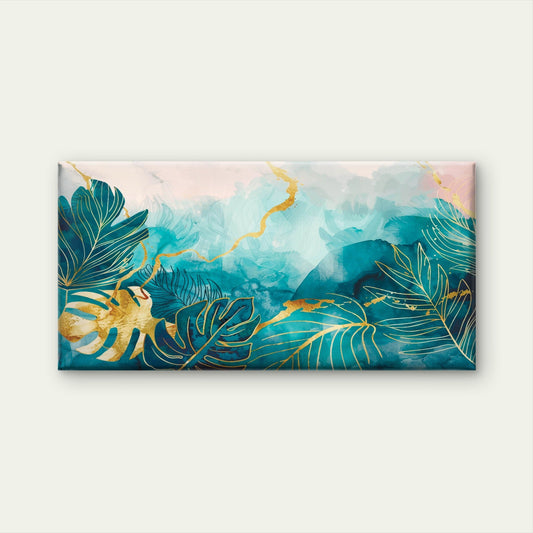 Abstract Teal Gold Tropical Monstera Wall Art Canvas Office Home Framed 80x45cm