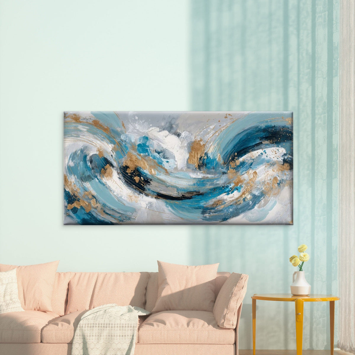 Abstract Blue Golden Turquoise Wall Art Canvas Office Home Room Framed 120x60cm