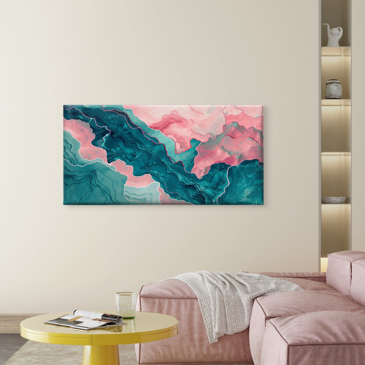 Teal Pink Fluid Marble Painting Wall Art Canvas Office Home Room Framed 120x60cm