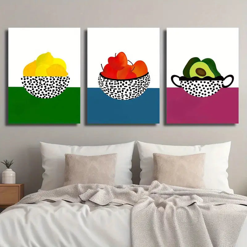 3pcs Lemon, Apple, Avocado with Pine Colorful Fruit Metal Print Ready to Hang Art