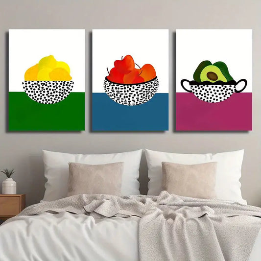 3pcs Lemon, Apple, Avocado with Pine Colorful Fruit Metal Print Ready to Hang Art